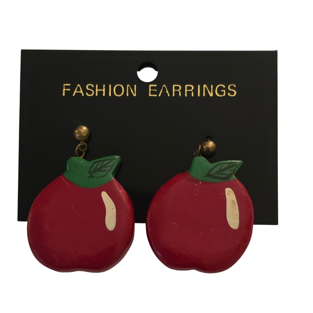 Vintage 90s Red Apple Drop Earrings Hand Painted Fruit Teacher Jewelry Retro